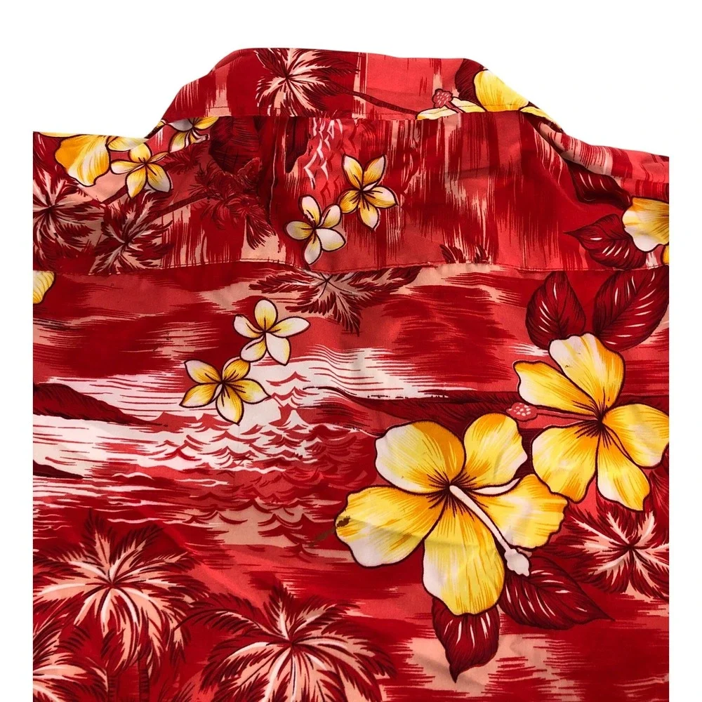 Trading Maui Company Mens Red Tropical Hibiscus Palm Tree Hawaiian Shirt‎ XL Vtg
